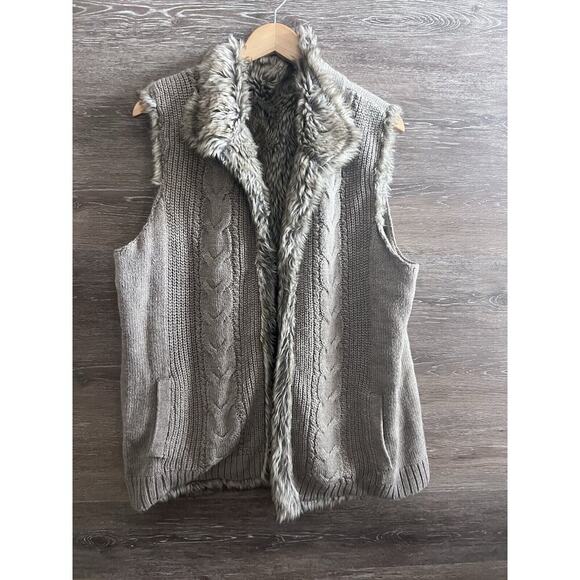 Womens Vest Cream Ivory Cable Knit Faux Fur Large Reversible NY&C Vintage - Picture 1 of 10